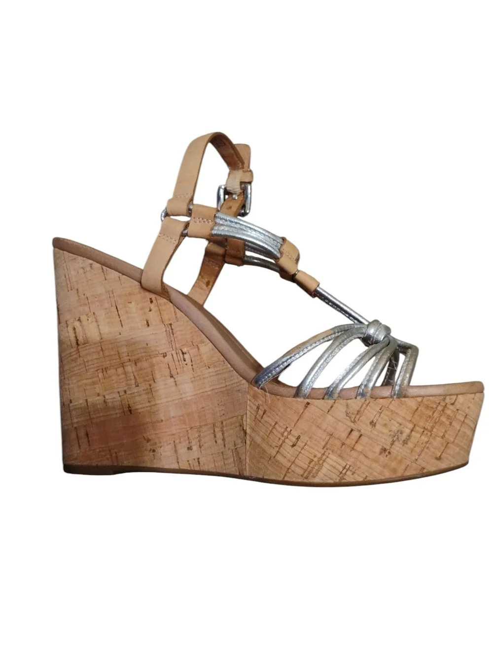 Coach Georgina Wedge Sandals with Cork Platform - Silver & Tan Size 6.5